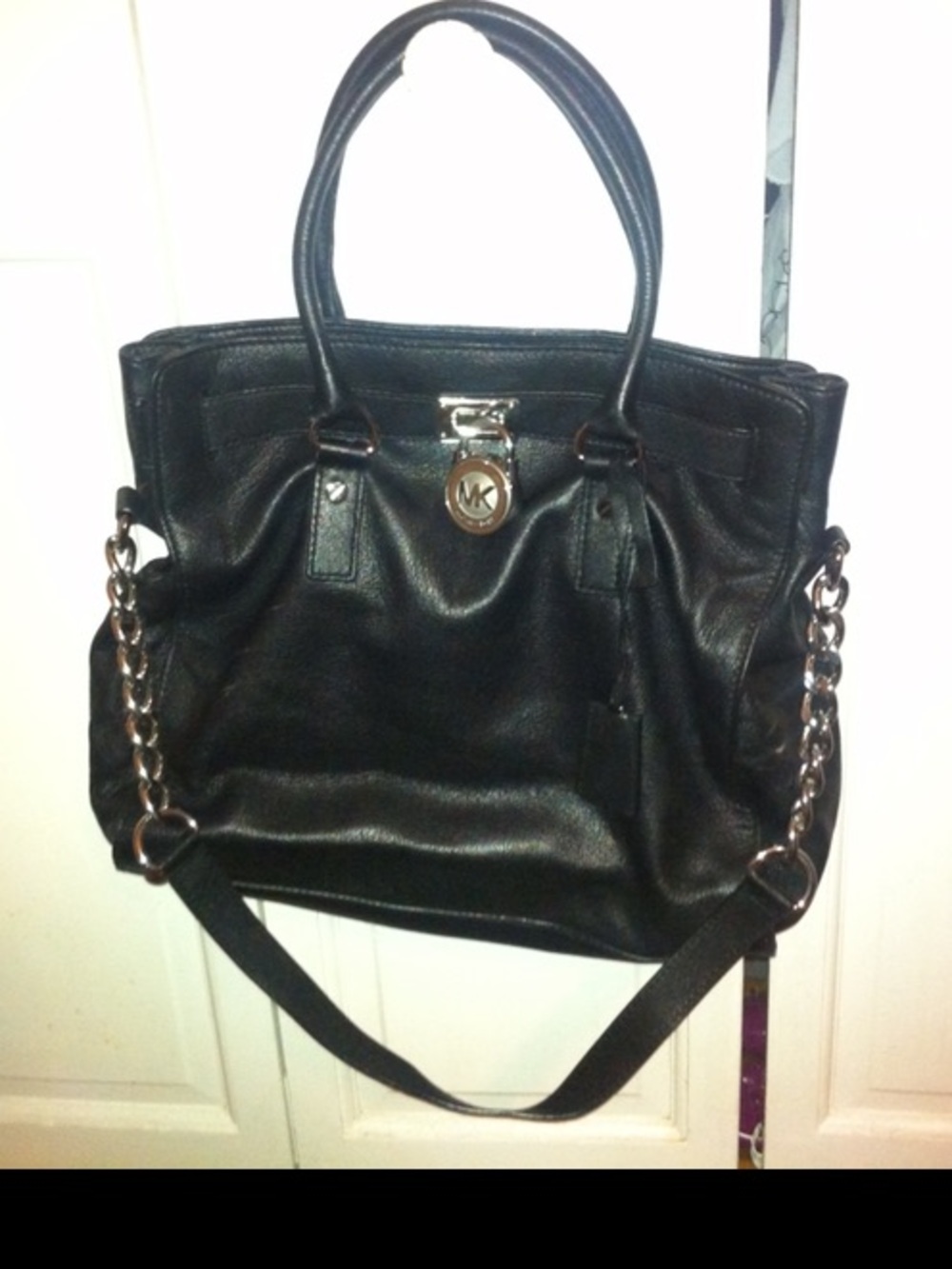 Michael Kors Black Leather Tote with Chain-Accent Strap